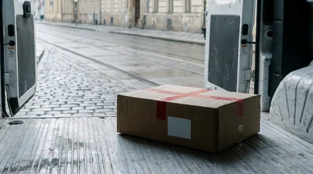 The box in a courier van on a Prague street.