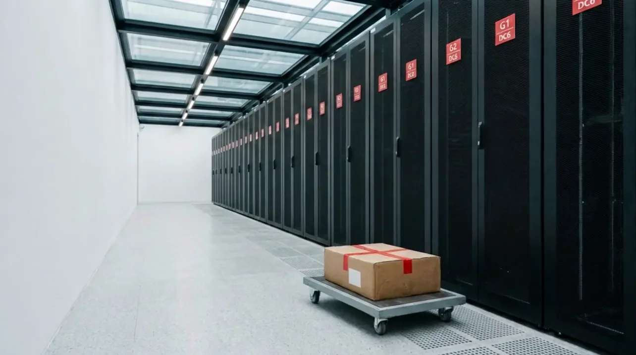 The box on a trolley in a data-centre aisle between black racks.