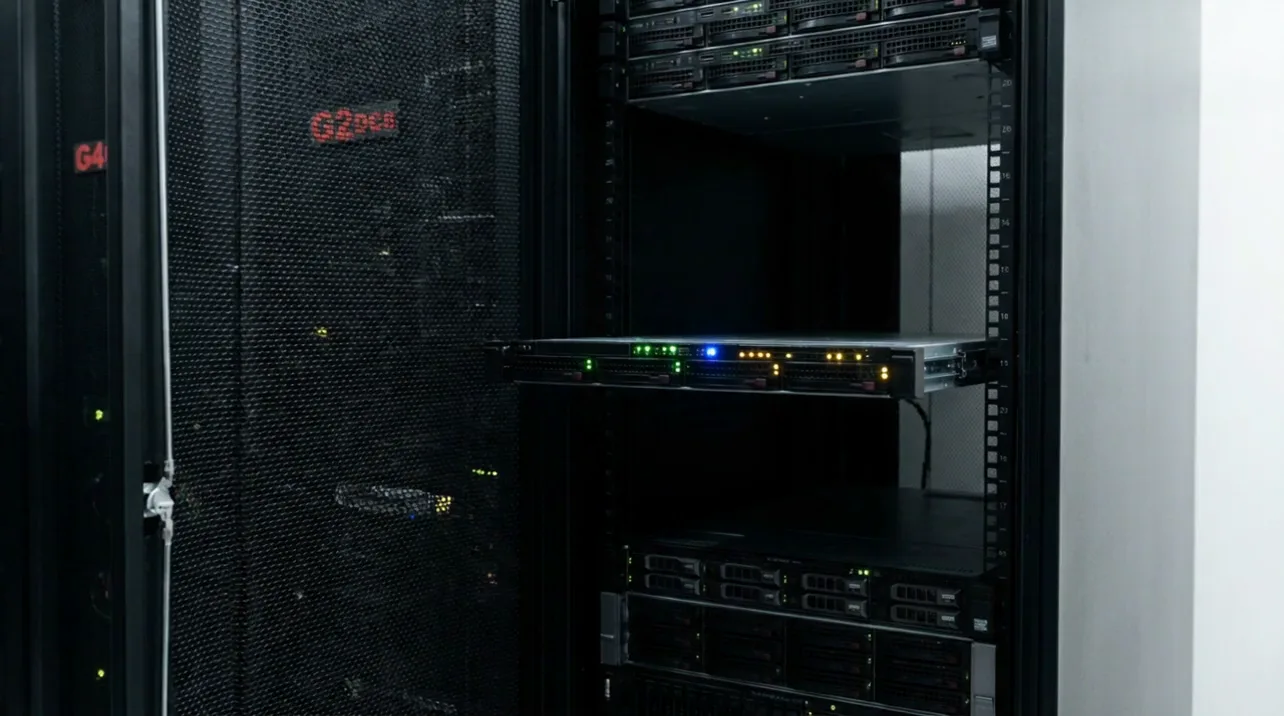The connected server in a rack with its lights on.